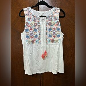 J.Jill Embroidered Sleeveless Top - White with Multicolor Accents & tassels Sz L